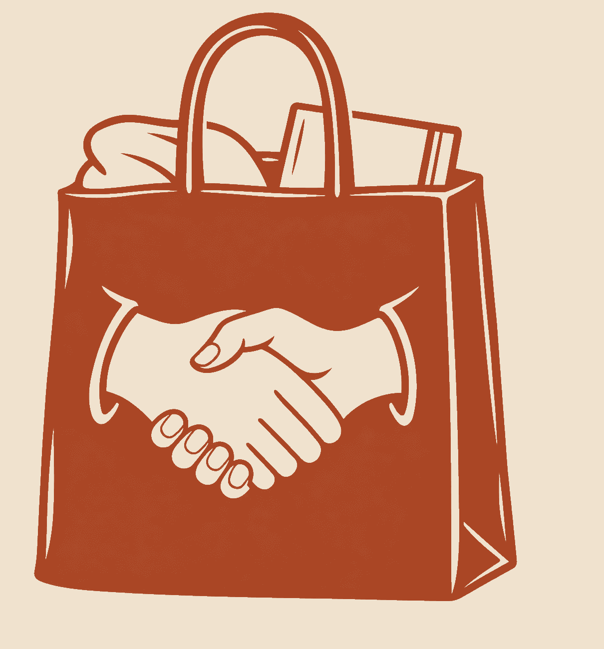 A paper shopping bag with a handshake on the front
