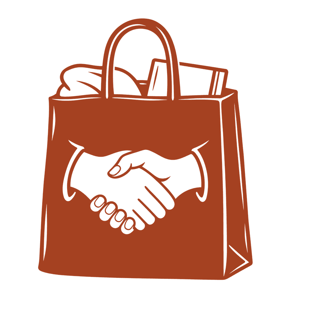 A paper shopping bag with a handshake on the front